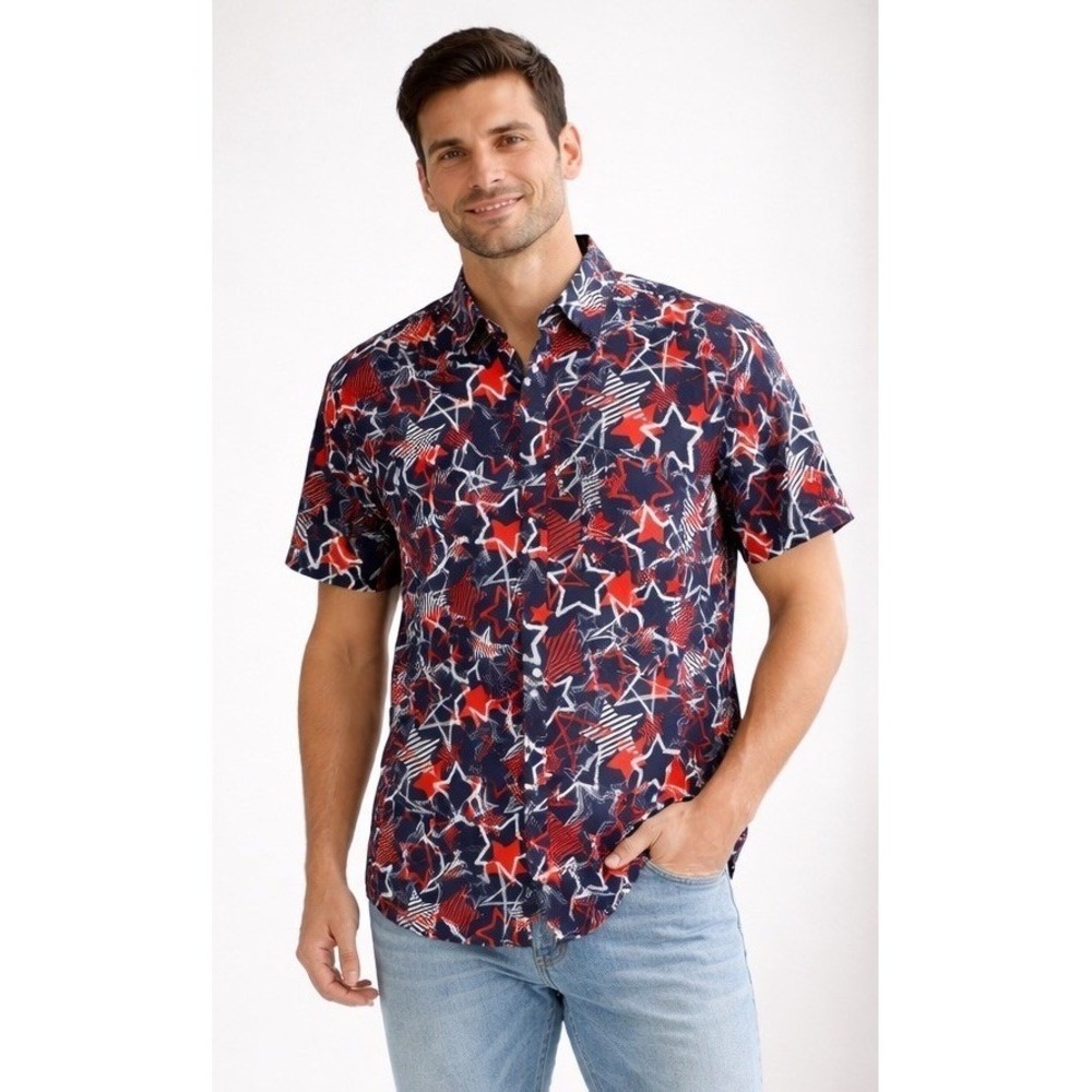 Edgar + Ash Mens M Patriotic Star Shirt Navy Orange White 4th July Button Down
